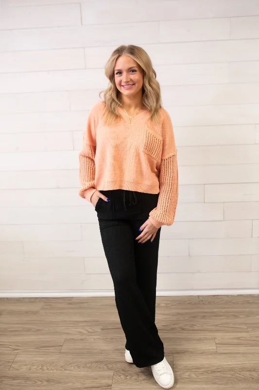 ee:some Open Knit Long Sleeve Sweater-Apricot Turtle Neck Boat Neck Asymmetrical Neck