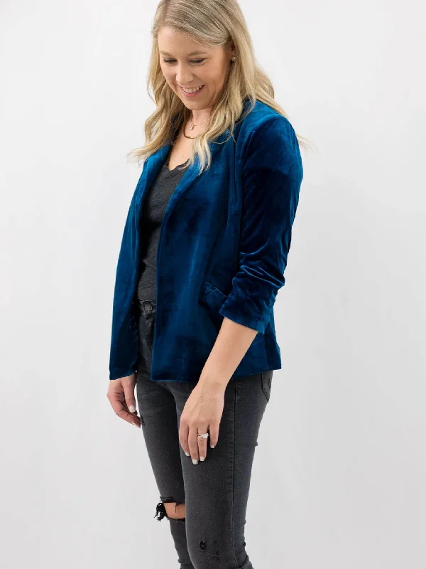 Blue Ruched Velvet Blazer Women's Vintage Suit