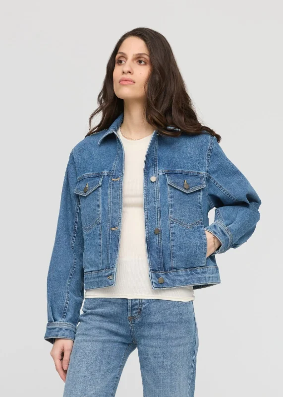 Midweight Denim Pleated Jacket - Vintage Wash A-Line Jacket Boat Neck Shawl Collar