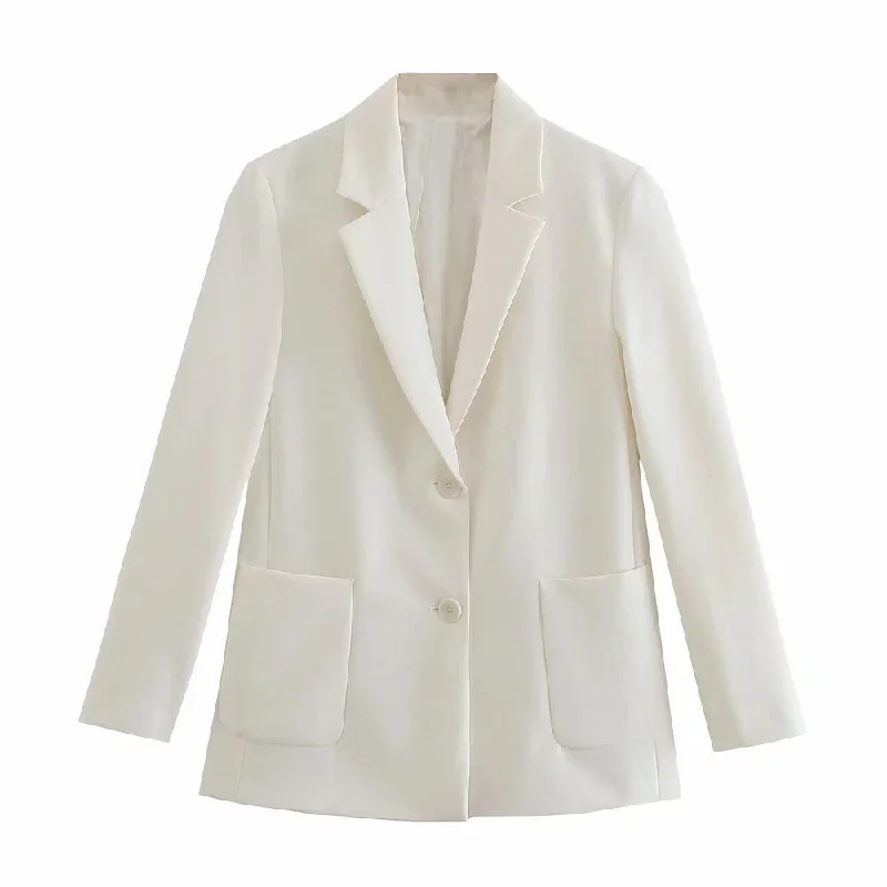 White Straight Blazer Jacket Office Lady 2022 Pockets Elegant Outwear Coat Female Vintage Chic Casual Outwear Tops Lady Women's Classic Suit