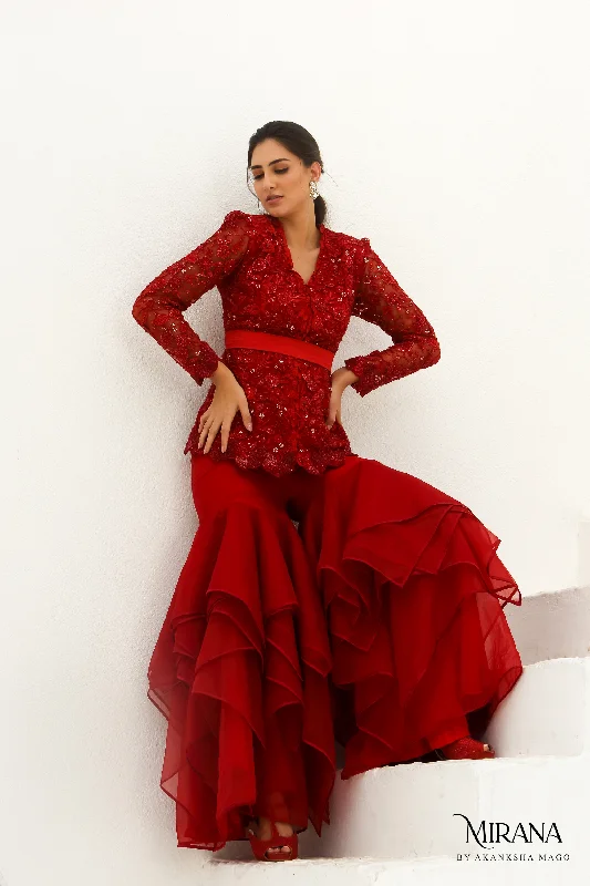 Carmine - Scarlet Red Jacket Garara Set Lace Jacket Ribbed Jacket Sequined Jacket