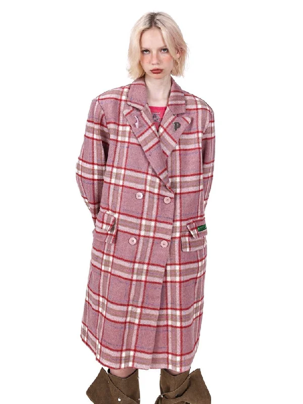 Plaid Mid Length Double Breasted Coat【s0000004348】 Anorak Windbreaker Fleece