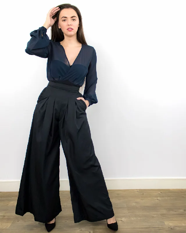 Tenes Black Wide-Leg High Waist Trousers with Pockets Trousers Bootcut Casual