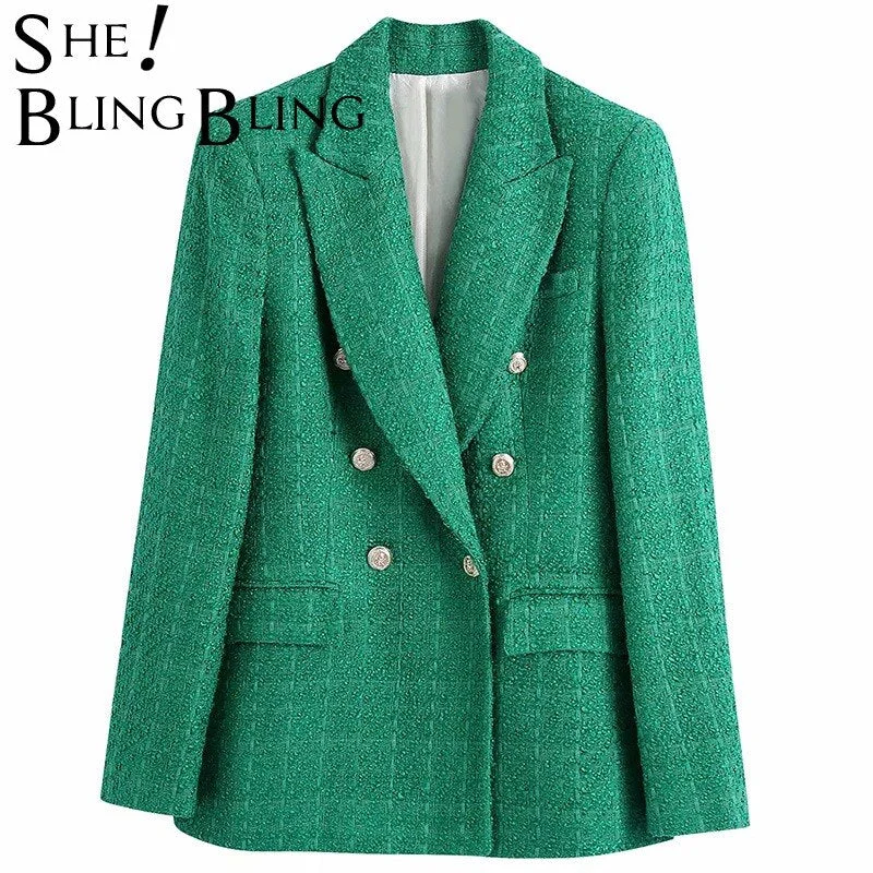 SheBlingBling Za Woman 2022 Casual Traf Coats Autumn Winter Ornate Buttons Tweed Woolen Long Blazers Female Thick Green Jackets Women's Custom Jacket