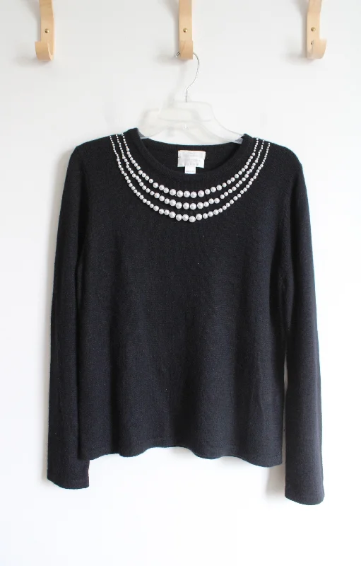 Christopher & Banks Black Pearl Trimmed Silk Blend Sweater | L Print Jacquard Patchwork