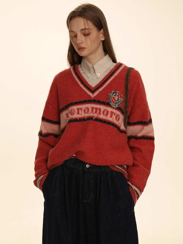 Retro Border Knit V-Neck Sweater Houndstooth Herringbone Solid