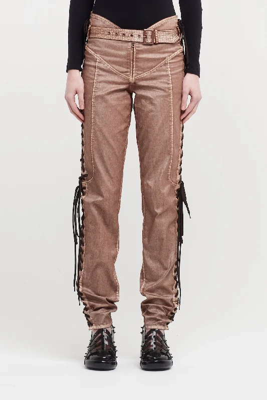 Jean Paul Gaultier X KNWLS Low Waist Laced Straight Trousers with Topstitched and Branded Patch Details Trousers Capri Summer