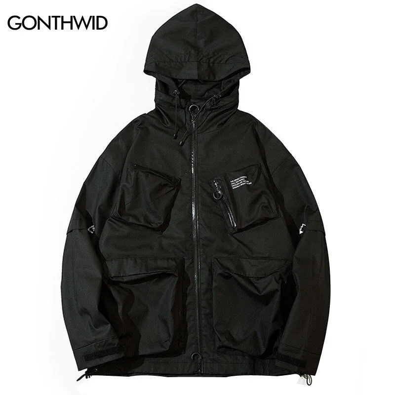 Hip Hop Cargo Jacket Streetwear Harajuku Multi Pockets Windbreaker Hooded Jackets Coat Casual Long Sleeve Zipper Coats Rayon Fabric Velvet Fabric Corduroy Fabric
