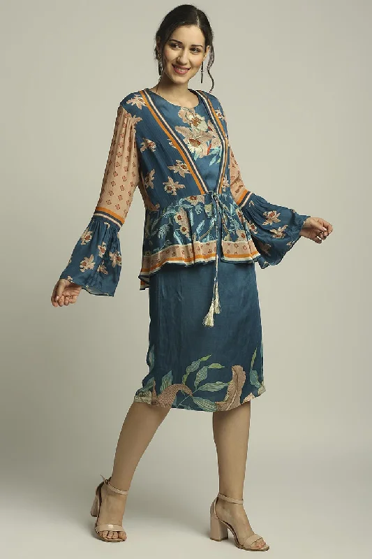 Peach & Blue Printed Dress With Peplum Jacket Fleece Jacket Down Jacket Parka