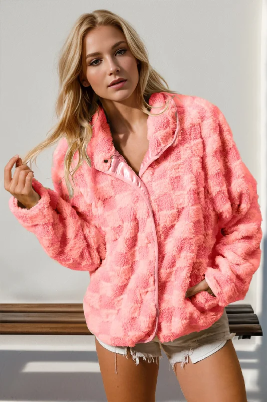 Hazel Blues® |  Double Take Checkered Long Sleeve Fuzzy Jacket Welt Pockets Slit Pockets Flap Pockets