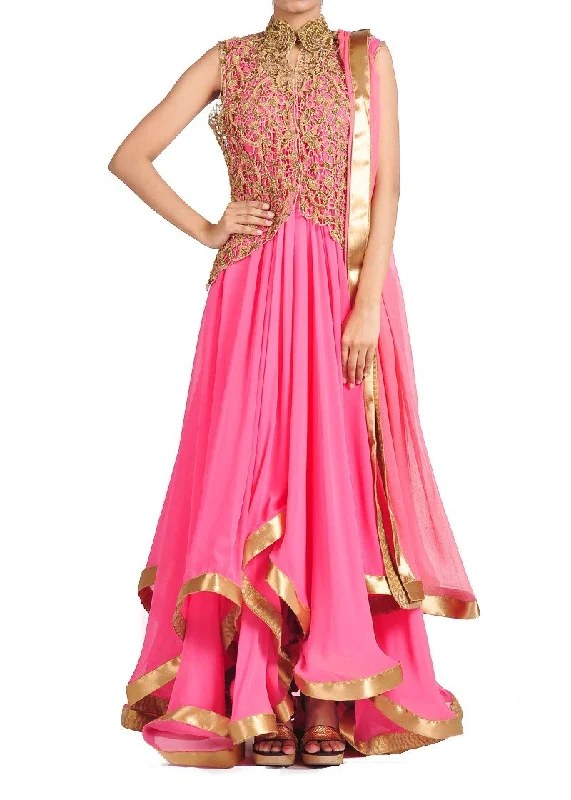 Asymmetrical Pink georgette Jacket Suit Front Pockets Side Pockets Patch Pockets