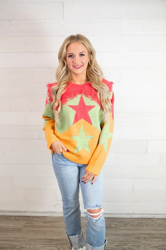 J.nna Multi Colored LS Sweater-Green & Orange Beaded Sweater Sequined Faux Fur