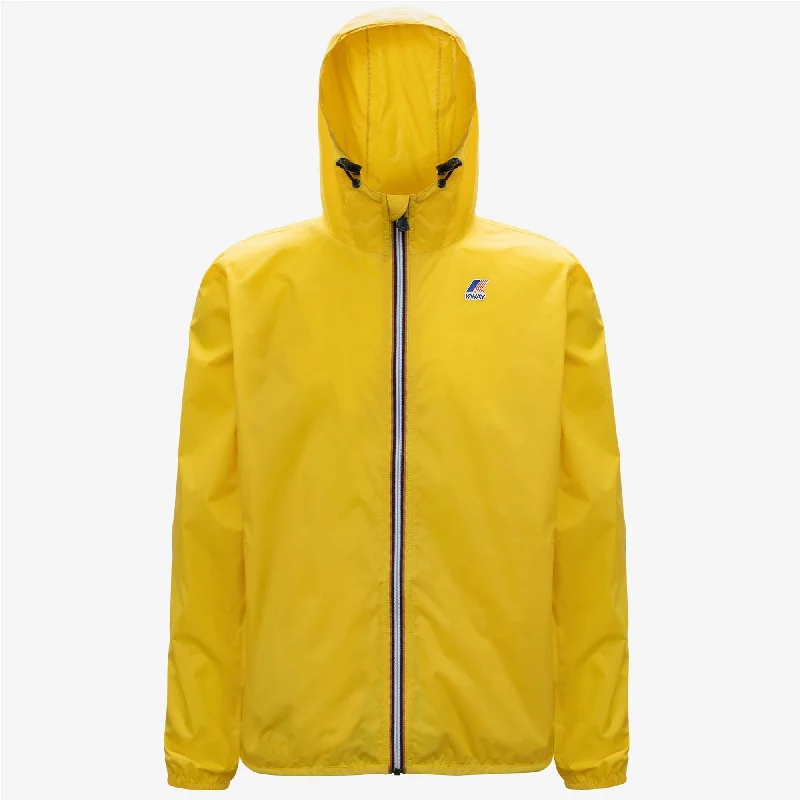 Claude - Unisex Packable Full Zip Waterproof  Rain Jacket in Yellow Dk Rayon Fabric Velvet Fabric Corduroy Fabric