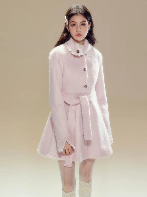Pink wool lace waist coat【s0000003639】 Pockets Sleeves Lining