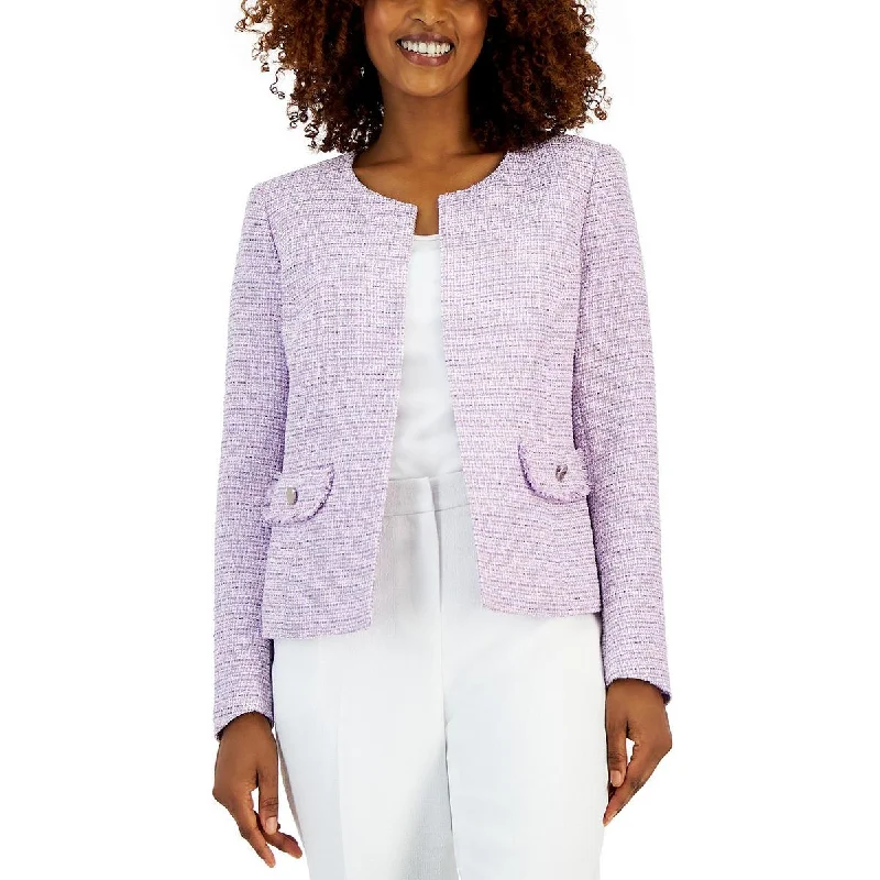 Kasper Womens Tweed Long Sleeves Collarless Blazer Women's Print Jacket
