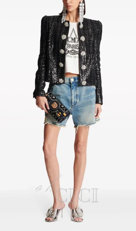 MONA SEQUIN-EMBELLISHED TWEED JACKET IN BLACK Faux Fur Jacket Real Fur Jacket Shearling Jacket MONA SEQUIN-EMBELLISHED TWEED JACKET IN BLACK Faux Fur Jacket Real Fur Jacket Shearling Jacket