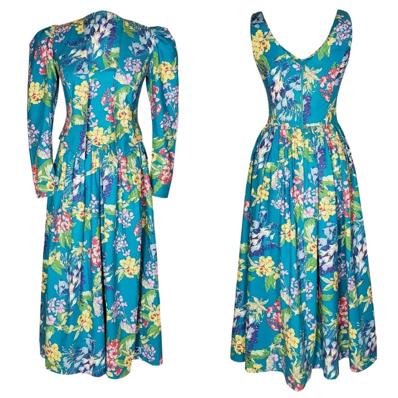 1980’s Vintage Laura Ashley Midi Cotton Dress and Jacket with Signature Ashley Floral Print Oversized Jacket Tailored Jacket Straight Jacket