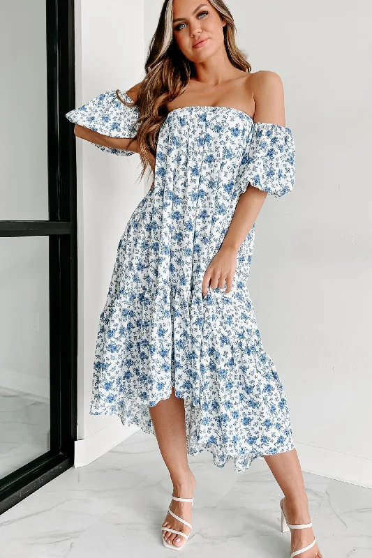 Beautiful Thoughts Floral Off The Shoulder Midi Dress (Blue/White)