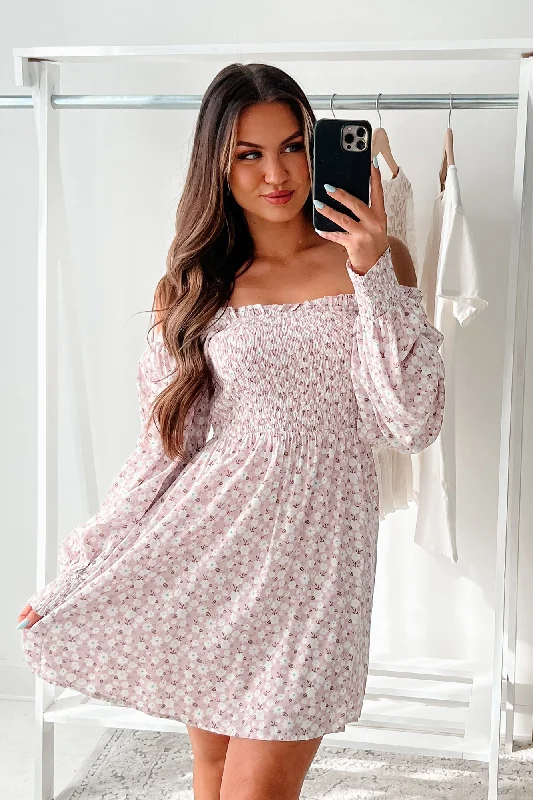 Dignified Beauty Long Sleeve Floral Mini Dress (Pink)