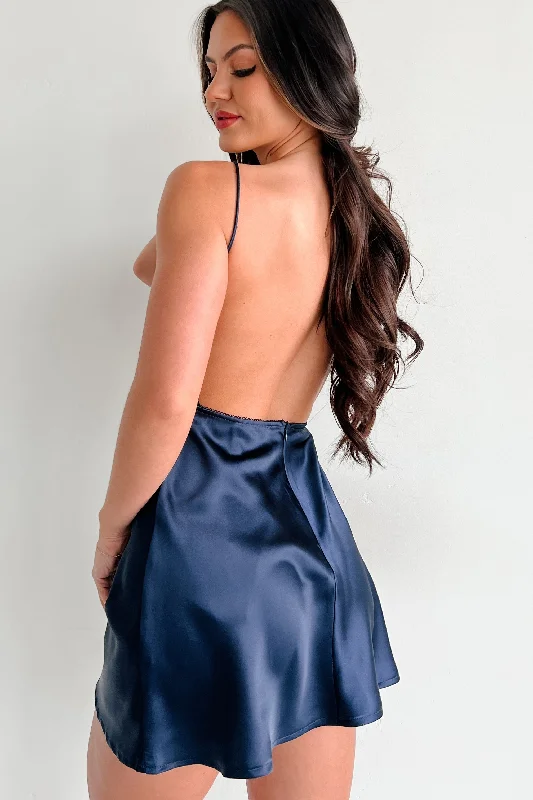 Made You Blush Satin Mini Dress (Navy)