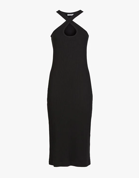 Luna Rib Cross Keyhole Dress - Black