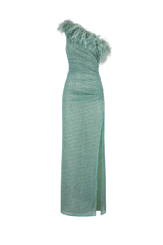 Lumiere Plumage One Shoulder Dress Aqua