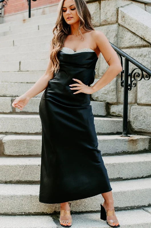 Royal Entrance Satin Maxi Dress With Rhinestone Detail (Black)