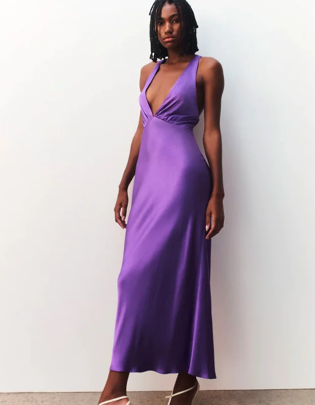 Lana Plunged Cross Back Midi Dress - Purple