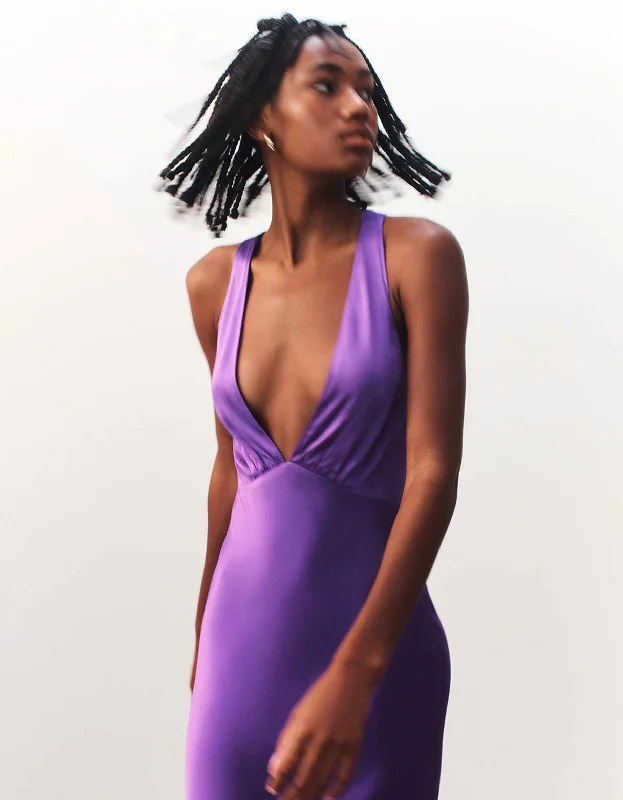 Lana Plunged Cross Back Midi Dress - Purple