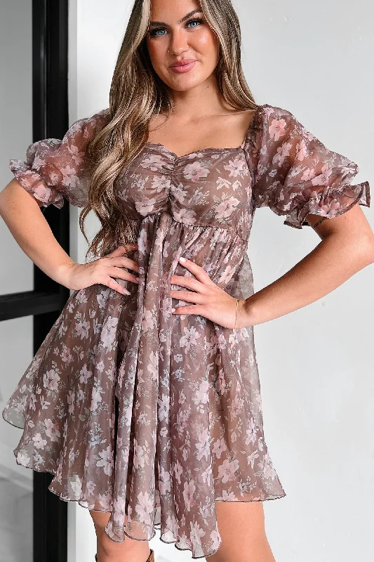 Single & Sweet Floral Organza Babydoll Dress (Brown)