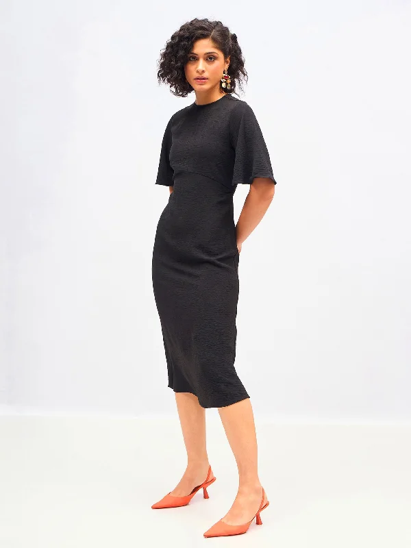 Women Black Knit Back Cut-Out Midi Dress