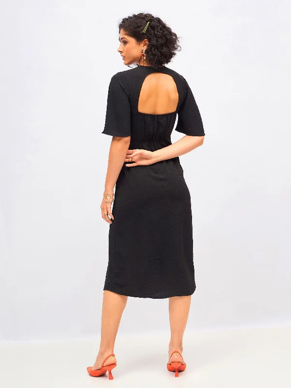 Women Black Knit Back Cut-Out Midi Dress