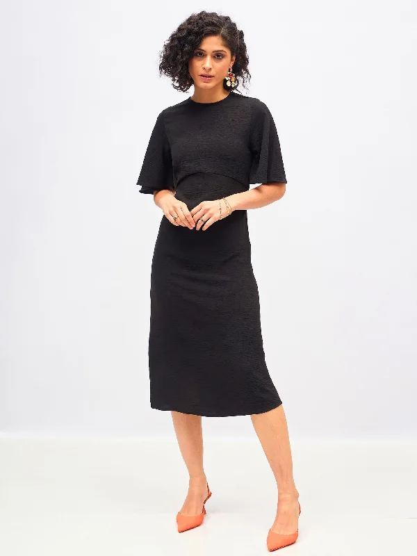 Women Black Knit Back Cut-Out Midi Dress