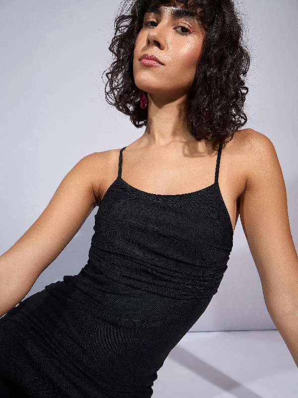 Women Black Mesh Strappy Midi Dress