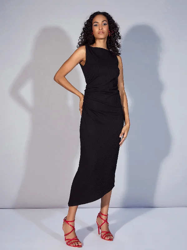 Women Black Rib Boat Neck Midi Dress