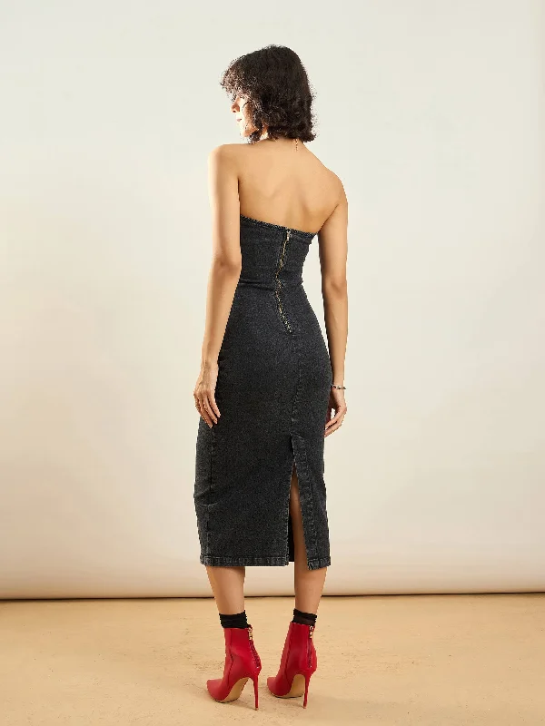 Women Black Washed Denim Tube Dress