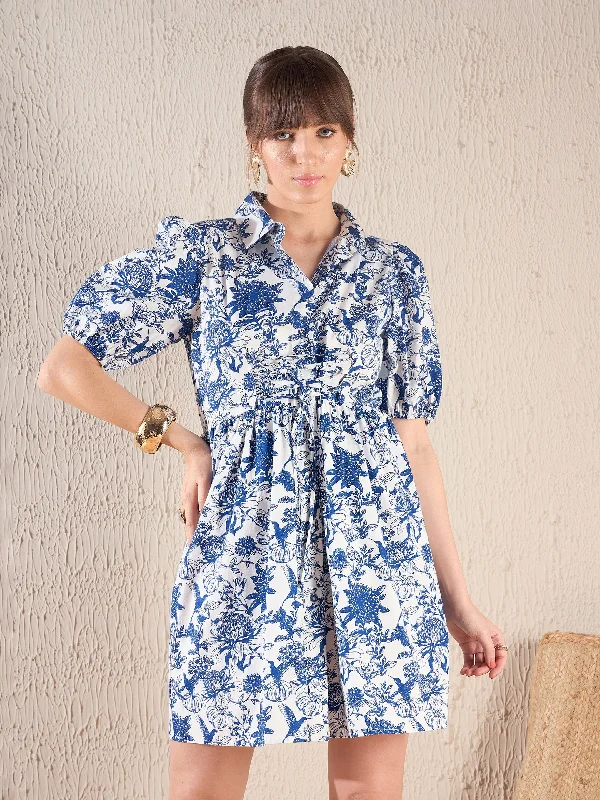 Women Navy Floral Front Drawstring Detail Shirt Dress