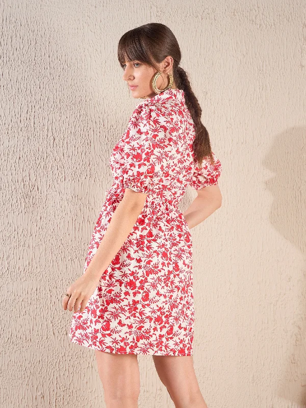 Women Red Floral Front Drawstring Detail Shirt Dress