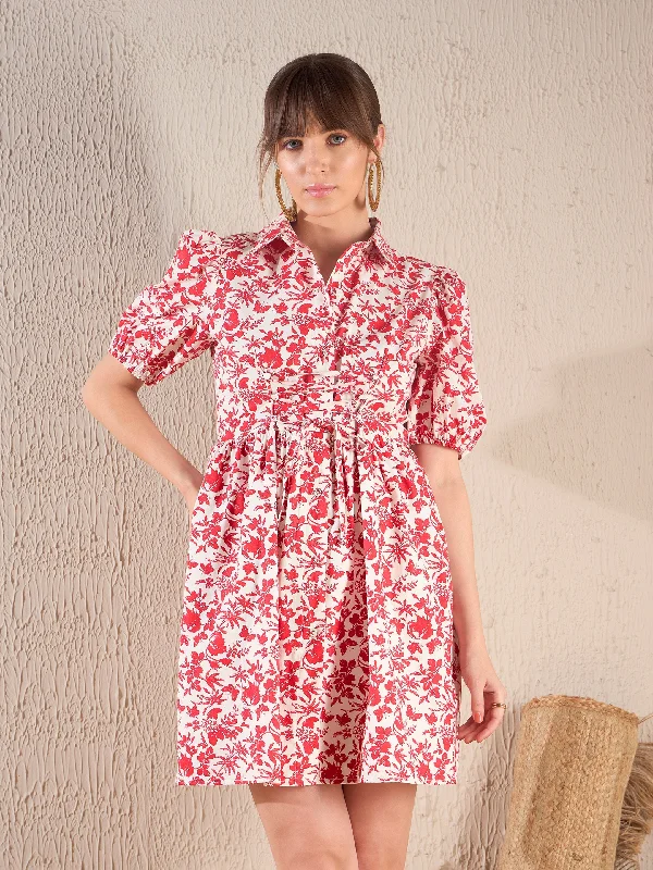 Women Red Floral Front Drawstring Detail Shirt Dress