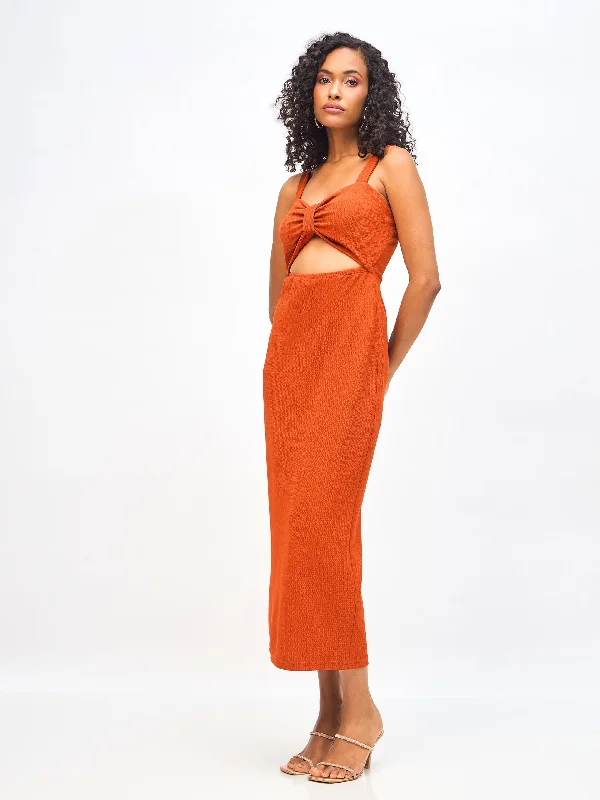 Women Rust Waist Cut Out Bodycon Dress