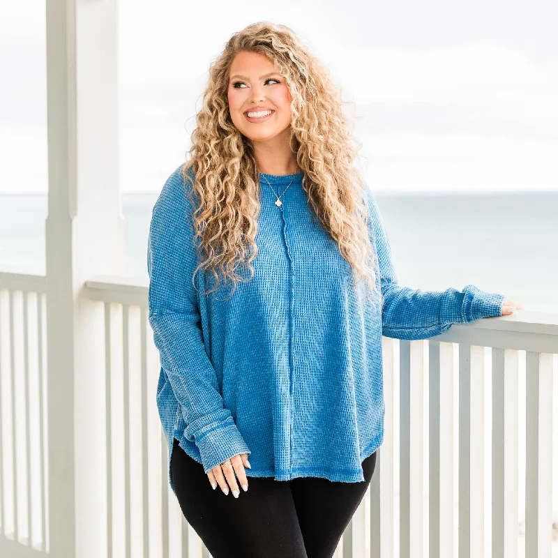 Cozy Waffle Pullover, Ocean Blue