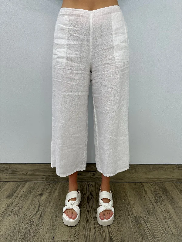 White Linen Flat Front Crop Pant with Adjustable Waist