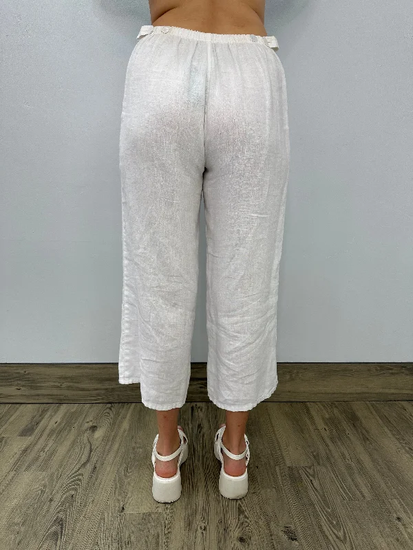 White Linen Flat Front Crop Pant with Adjustable Waist