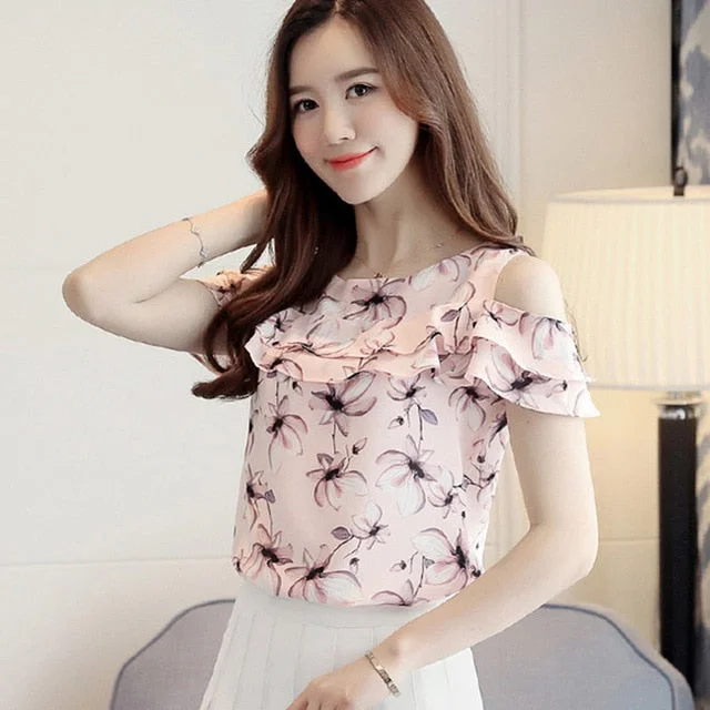 2018 Women Off Shoulder Short Sleeve Blouses Print Floral Chiffon Shirts Casual Ladies Clothing Female Blusas Women Tops 62G 30