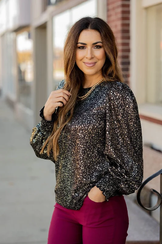 Foil Flecked Cinched Sleeve Blouse