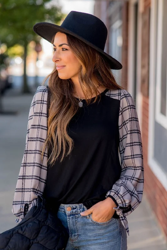 Grid Plaid Tie Sleeve Blouse