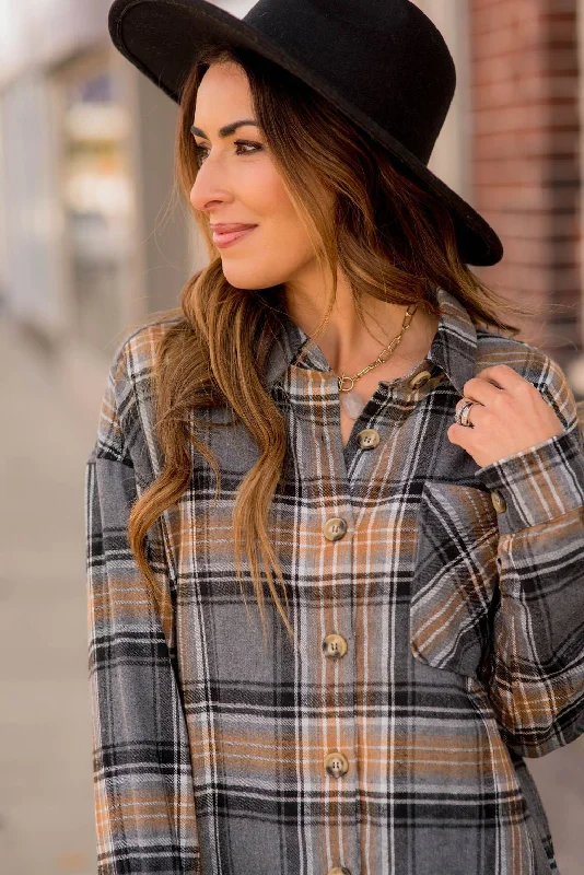 Large Pocket Plaid Button Up Blouse