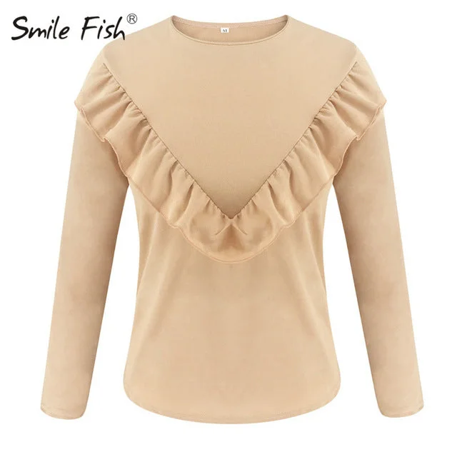 Long Sleeve Elegant Women Blouses 2019 Lady Office Work Ruffles O-Neck Khaki Shirts Tops White Black Autumn Winter Blusas GV948