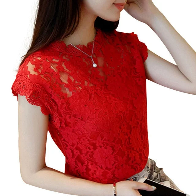 M-5XL Hollow Out Lace Blouse 2018 Elegant Shirt Ladies Tops Crochet Short Sleeve Bottoming Shirts Women Blouses Tops DF1591