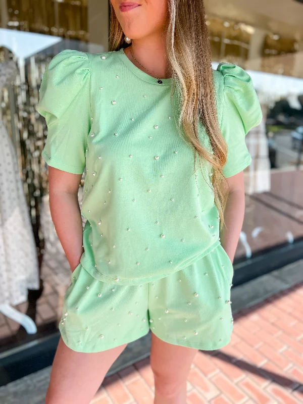 Pearl Embellished Top-Apple Green